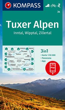 KOMPASS Wanderkarte 34 Tuxer Alpen, Inntal, Wipptal, Zillertal, MAIRDUMONT: KOMPASS-Wanderkarten